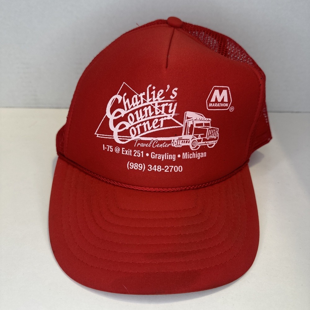 Baseball Cap Charlie's Country Corner Grayling Michigan Red Trucker Hat Nissin